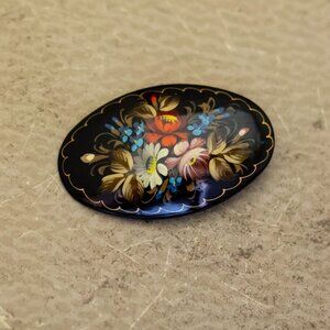 Vintage Wooden Round Oval Floral Stylish Brooch - I32